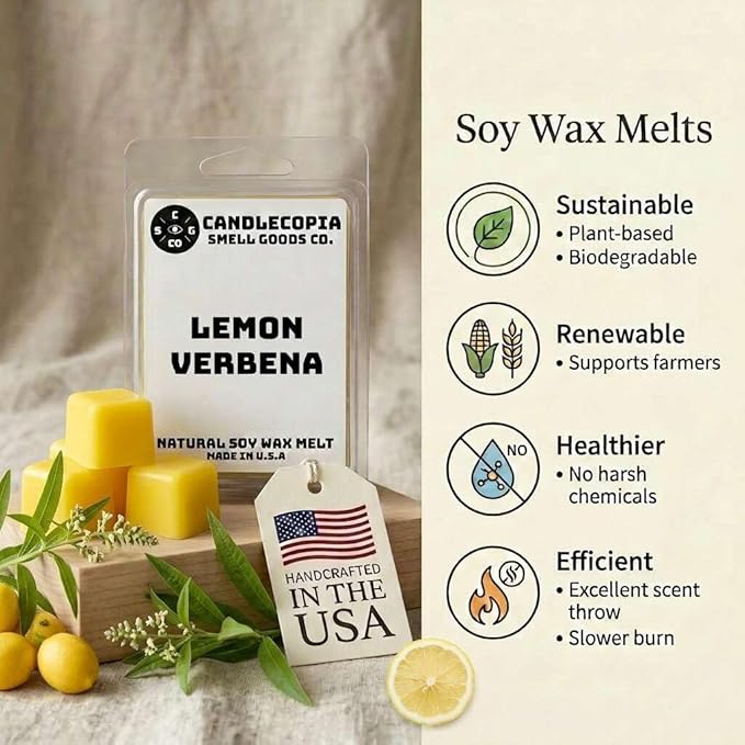 Lemon Verbena Strongly Scented Hand Poured Vegan Wax Melts, 12 Scented Wax Cubes, 6.4 Ounces in 2 x 6-Packs (Lemon Verbena)