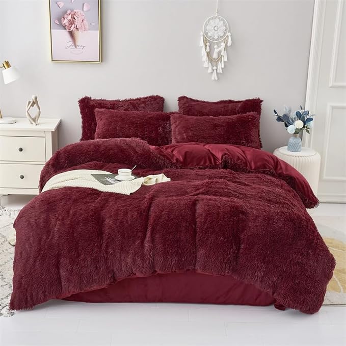 chovy Faux Fur Plush Wine Red Comforter Sets Twin/Full Size - Ultra Soft Shaggy Flannel Velvet Fluffy Fuzzy 3PC Bedding Set (Comforter x 1 Pillowcases x 2)