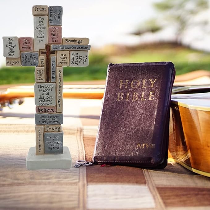 Cross Sculpture with Christian Words and Sayings Crossword Table Inspirational Figurine Cross for Home Decor Christian Gifts