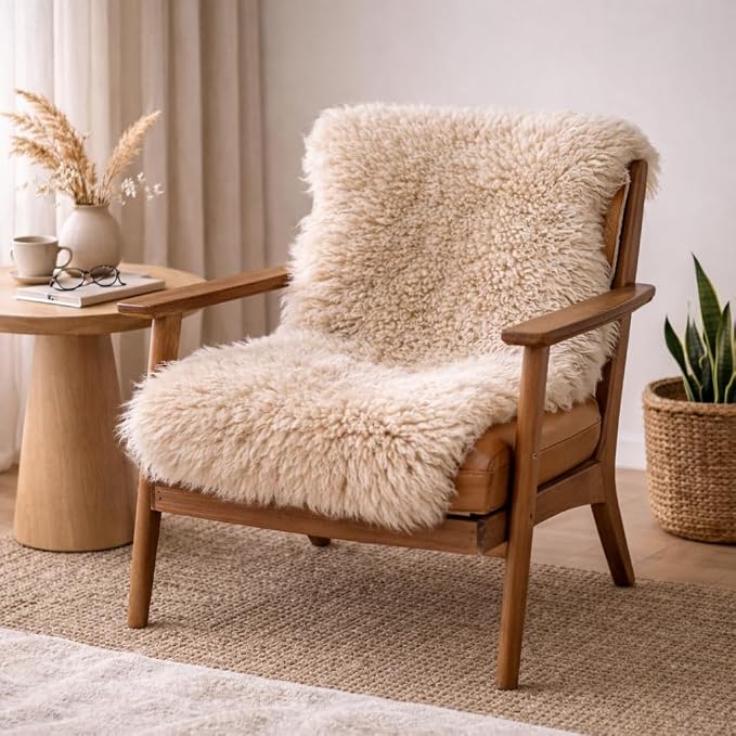 Premium Genuine Sheepskin Rug – Soft & Fluffy Single Pelt (2’ x 3’) Lambskin Area Rug for Bedroom or Living Room – Made in Argentina (Light Beige)