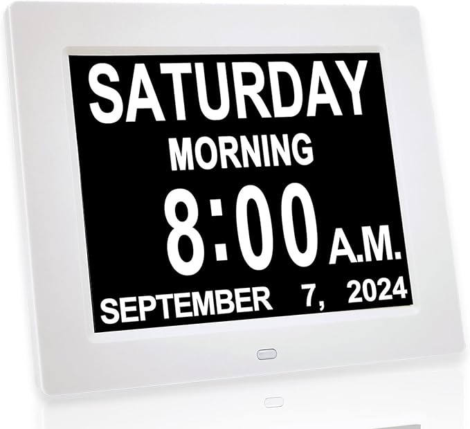 New 2026 Digital Calendar Alarm Day Clock, with 8" Large Screen Display, am pm, Multiple Alarms, for Impaired Vision People, The Aged Seniors, The Dementia, for Desk, Wall Mounted,White