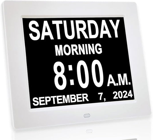 New 2026 Digital Calendar Alarm Day Clock, with 8" Large Screen Display, am pm, Multiple Alarms, for Impaired Vision People, The Aged Seniors, The Dementia, for Desk, Wall Mounted,White