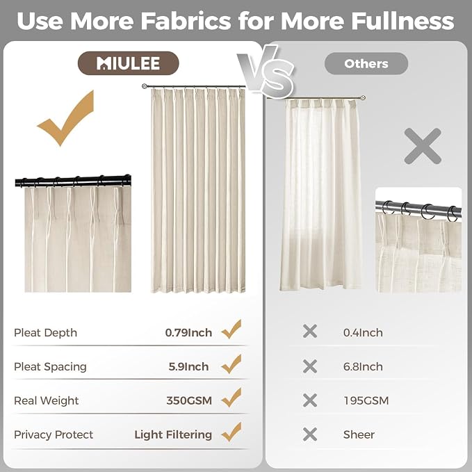 MIULEE Pinch Pleated Thick Linen Curtains 102 Inches Long 2 Panels for Living Room Bedroom, Linen Textured Drapes Pleat Back Tab Memory Trained Light Filtering Boho Birch Window Curtains with Hooks