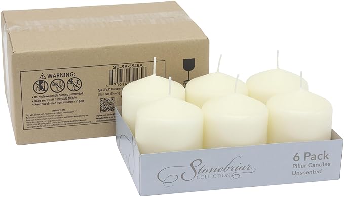Stonebriar 35 Hour Long Burning Unscented Pillar Candles,3x4,Ivory,(Pack of 4)