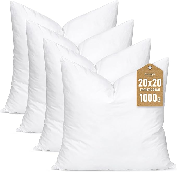Artscope Synthetic Down Pillow Insert, 20x20 Down Alternative Throw Pillow Insert. Ultra Soft Fluffy Sleeping Pillow with 100% Cotton Cover, Decorative Pillows Set of 4-White.