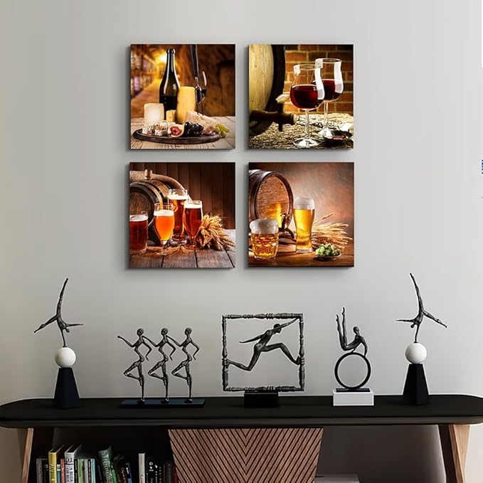 Kitchen wall decor Restoring ancient ways Still life Wine glass Wine barrel Canvas Prints Wall Art for Dining Room Bar Home Decorations 16x16 inch/4 piece restaurant posters decor Artwork Home decor