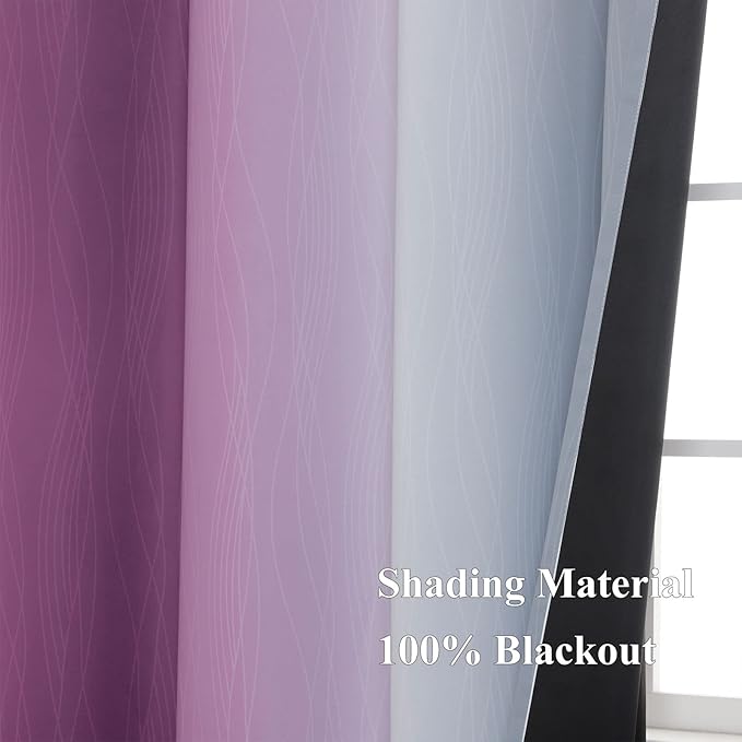 Purple and Grey Blackout Curtains 54 Inches Long,Ombre and Wavy Line Pattern 100% Blackout Curtains for Bedroom,Full Light Blocking Grommet Thermal Insulated Drapes for Kids Room, 52x54 Inch, 2 Panels