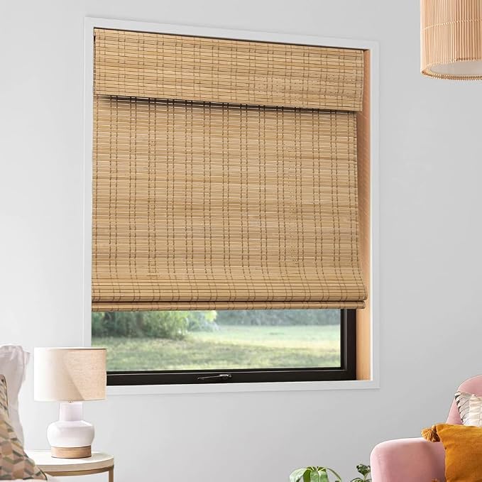 Cordless Bamboo Roman Shades, Light Filtering Bamboo Shades Blinds Window Treatment Roll Up Blind for Windows, 37" W x 64" H, Natural