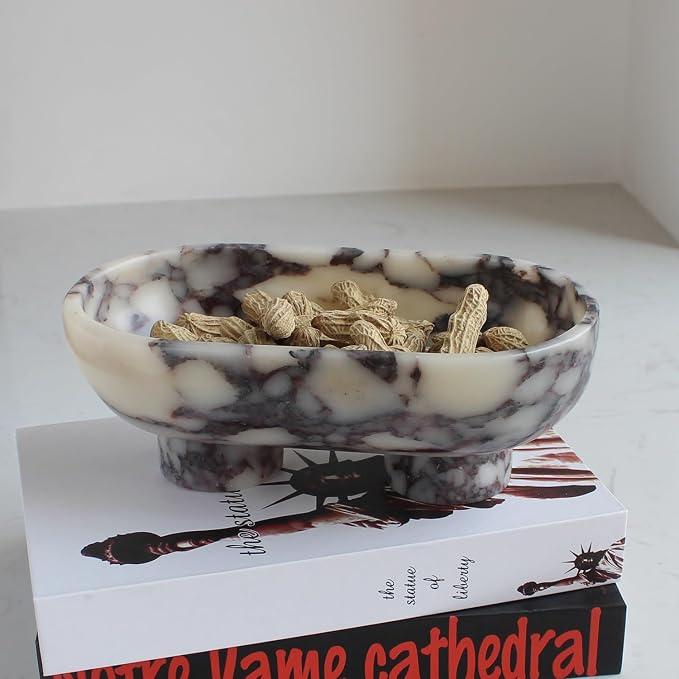 Nawgnail Natural Oval Calacatta Viola Marble Fruit Bowl for Kitchen Counter 10", Large Decorative Bowl Two-Legs for Home Decor, Fruits Holder For Dining Table - Kitchen Organization