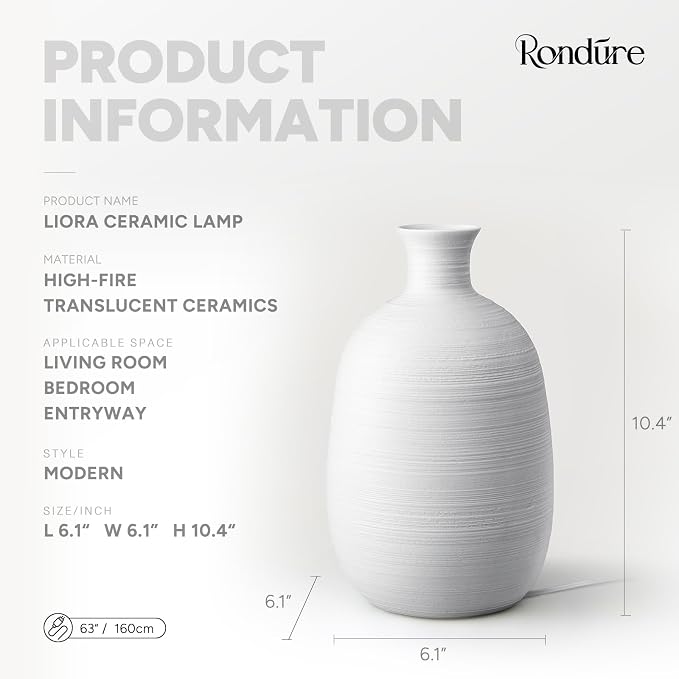 RONDURE 10.4" Modern Ceramic Table Lamp, Fully Dimmable Bedside Lamp for Bedroom Living Room Nightstand, White Translucent Ceramic Shade, Warm Ambient Decorative Corded Lighting, Bulb Included
