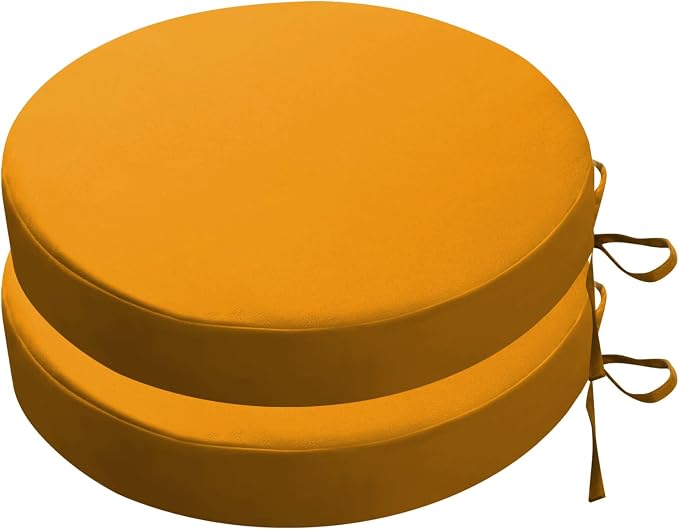 SK Studio Round Outdoor Chair Cushions for Patio Furniture, Set of 2 Waterproof Patio Chair Cushion with Adjustable Ties for Garden Sofa Couch, Yellow, 17"x17"x3"