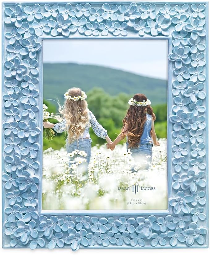 Isaac Jacobs 5x7 Blue Flower Textured Hand-Crafted Resin Picture Frame w/Easel & Hook for Tabletop & Wall Display, Decorative Floral Design Home Décor, Photo Gallery, Art (5x7, Blue)