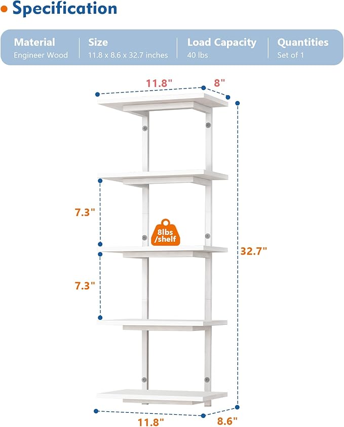 Harwaya White 5 Tier Wall Shelf Unit for Shoes Display, Lack Wall Bookshelf for Bedroom, Vertical Tiered Floating Book Shelves for Office Living Room Bathroom Vanity Kitchen Closet Purses Bags