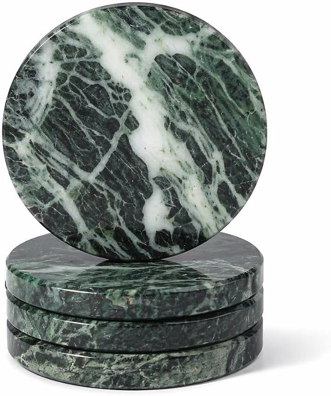 Koville Marble Coasters, Round Modern Coaster Set of 4 for Drinks, 4" Stone Coaster Heat Resistant, Decorative Marble Coasters for Coffee Table Home Bar Decor, Gift Choice(Verde Alpi)