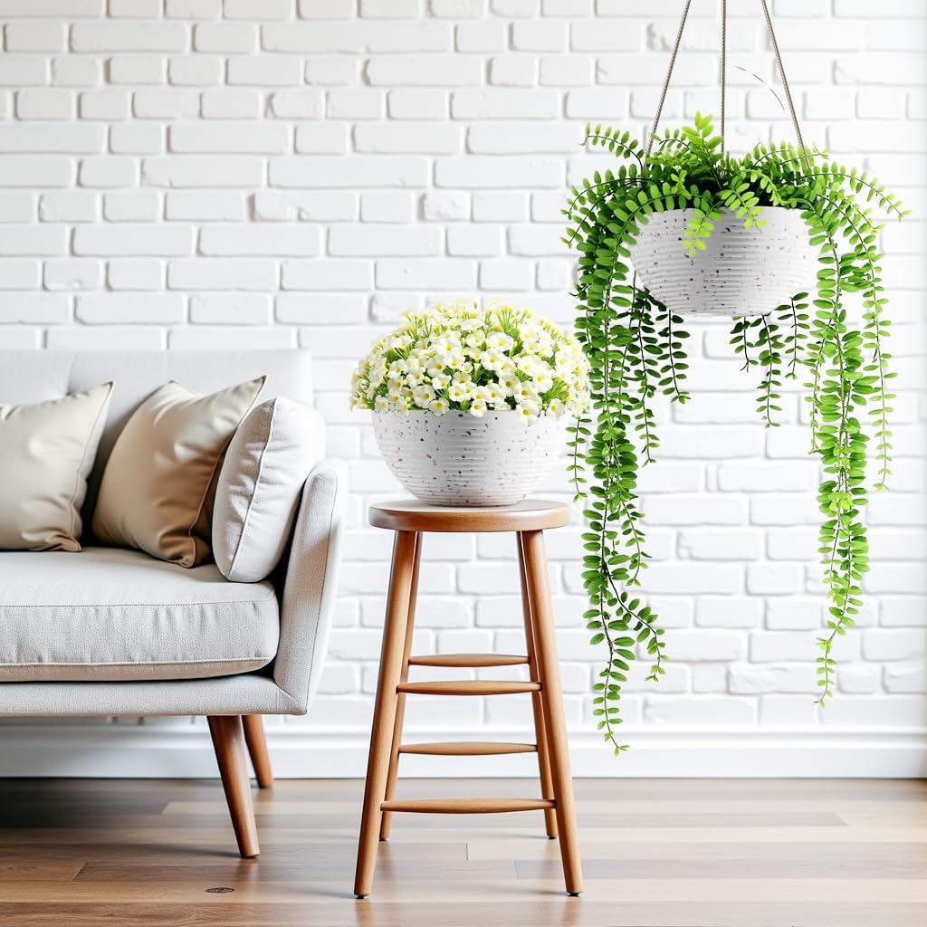 Line Pattern 10 Inch Hanging Planter for Indoor Outdoor Plants, 2 Pack Round Hanging Pots for Plants (Speckled White)