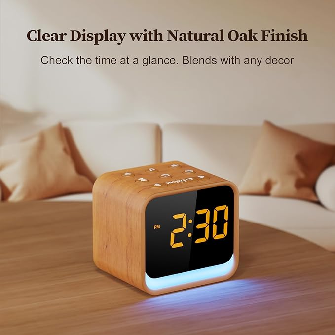 Housbay Wooden Sound Machine Alarm Clock for Bedrooms - Gentle Wake-Up with Birdsong, White Noise for Sleeping, Small Digital Clock for Phone-Free Routine