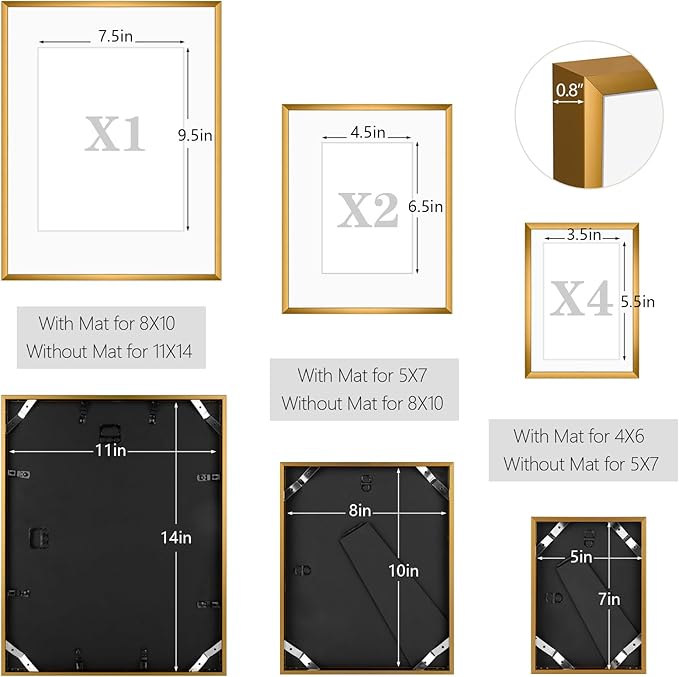 Golden State Art, Aluminum Gallery Wall Frame Set of 7 - Includes One 11x14, Two 8x10, and Four 5x7 - Metal Frames with Mat & Real Glass Cover for Elegant Home or Office Decor (Style 2, Bronze)