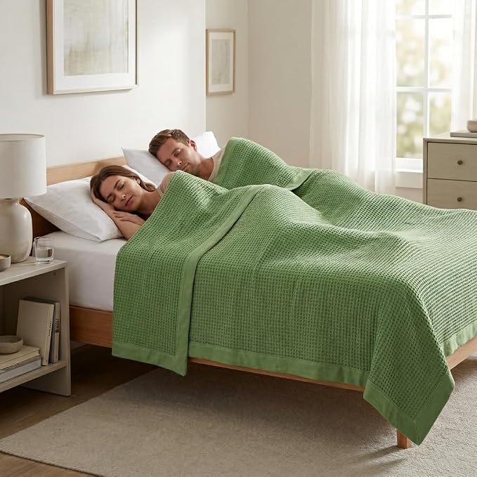 TreeWool Premium 100% Cotton Waffle Summer King Blanket (90"x108", Sage) | 420 GSM Breathable Lightweight Moisture Wicking Soft Knit Thermal Blanket for Bed or Sofa All-season Comfort Machine Washable