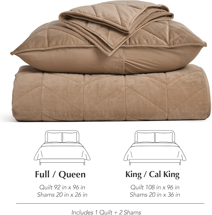 EVERGRACE 3 Pieces Luxurious Velvet King Quilts, Ultra Soft Lightweight Velvet Comforter Set, Matelasse Oversized Diamond Bedspread Coverlet for All Season with 2 Shams, Khaki Tan, 108"x96"