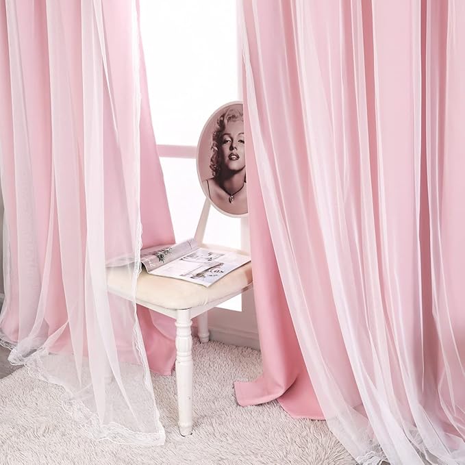 SOFJAGET Pink Blackout Curtains 96 Inch Long - Double Layers Mix & Match Elegance White Crushed Voile Curtains with Tie-Backs, Pink Drapes for Nursery, Girls Bedroom, LivingRoom, 2 PCs