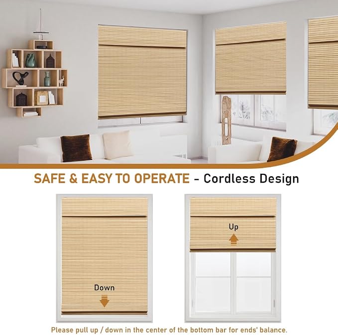 SEEYE Cordless Bamboo Roman Shades, Blackout Natural Bamboo Blinds for Indoor Windows, Roll Up Blind Privacy Shade for Home, Office, Door, UV Resistant & Easy to Install, 28" W x 64" H, Natural