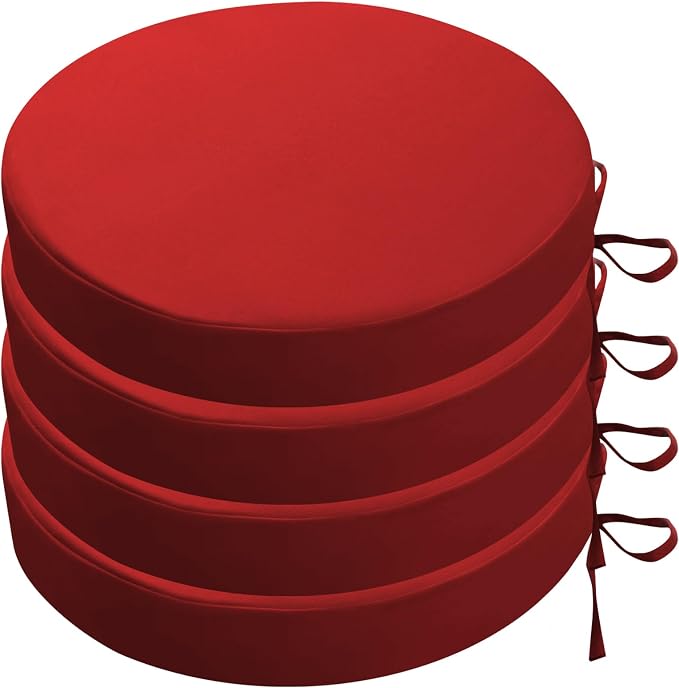 SK Studio Round Outdoor Chair Cushions for Patio Furniture, Set of 4 Waterproof Patio Chair Cushion with Adjustable Ties for Garden Sofa Couch, Red, 16"x16"x2"