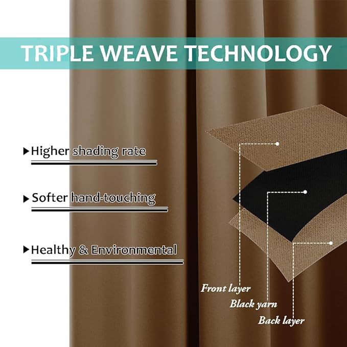 NICETOWN Extra Long Truly Blackout Drapes for Hall and Villa, 46" Width Each Panel, 45" Length, Gold Brown, 2 Pieces, 100% Blackout Window Curtain Panels with Black Lined for Night Shift Worker