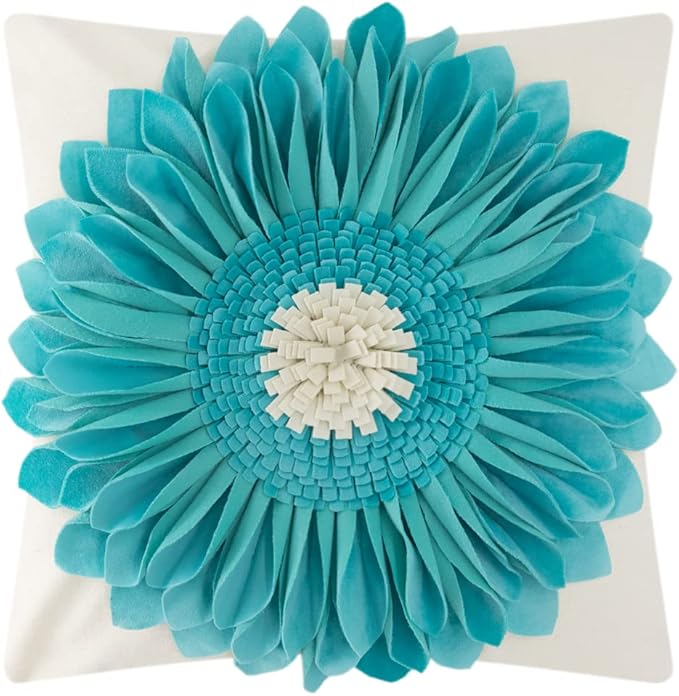 OiseauVoler 3D Sunflower Throw Pillow Cover Decorative Handmade Pillowcases for Couch Farmhouse Living Room Decoration 18x18 Inch Teal Blue