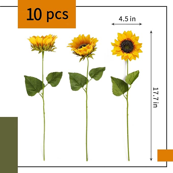CEWOR 10pcs Sunflowers Artificial Flowers with Long Stem Fake Sunflowers Bulk Fall Decoration for Wedding Home Birthday Party Outdoor Indoor Decor