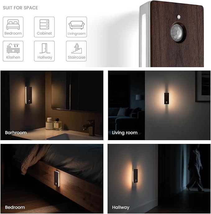 Wooden Motion Sensor Night Light, LED Backlit Nightlight, Rechargeable Light with Two-Sided Glow for Decor, Magnetic Stick-on, 3CCT Dimmable Lights for Hallway, Bedroom, Stairs