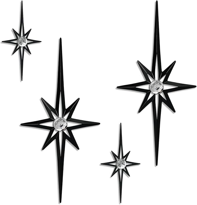 sxnzequnze 4 Pack Metal Star Wall Art 8 Pointed Starburst Wall Decor Set with 2 Large & 2 Small Pieces Mid Century Celestial Metal Wall Sculpture for Bedroom Living Room Office Gallery Wall