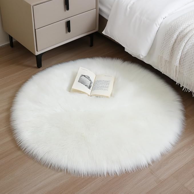 Faux Fur Rug Fluffy Sheepskin Area Rug,Ultra Soft Shaggy Plush Rug Bedroom Living Room Sofa Floor Kids Room Bedside（3 x 3 ft Round White）