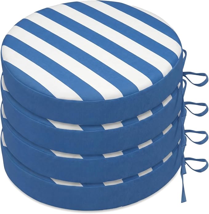 SK Studio Round Outdoor Chair Cushions for Patio Furniture, Set of 4 Waterproof Patio Chair Cushion with Adjustable Ties for Garden Sofa Couch, Blue Stripe, 16"x16"x2"