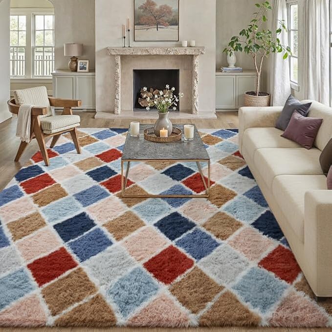 PureCozy 6x9 Checkered Rug for Living Room Rainbow Modern Soft Area Rug Fluffy Non-Slip Carpet for Bedroom Playroom Home Aesthetic Decor
