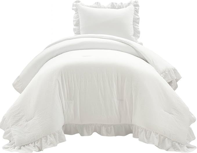Lush Decor Reyna Ruffle Comforter Set - 2 Piece Twin Size Ruffle Comforter Set - Elegance for Dorm Room - Twin XL, Pure White