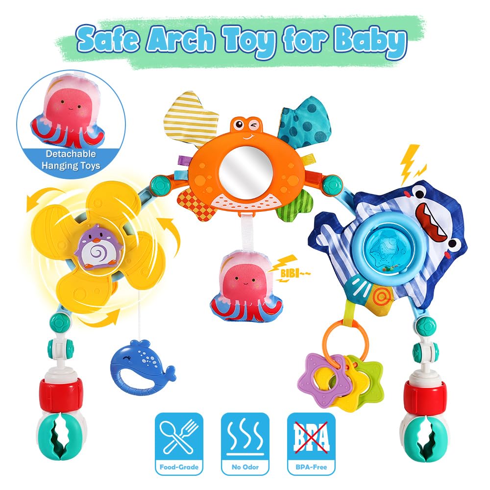 Baby Stroller Car Seat Toys,Adjustable Crib Mobile Activity Arch Toys with Sound Toy and Baby Hanging Toys,Sensory Play Travel Bouncer Bassinet Toy for Toddler Boy Girl 0 3 6 9 12 24 Month