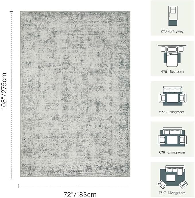 Rugxara 6x9 Area Rugs for Living Room Bedroom, Large Washable Rug, Grey Vintage Abstract Boho Rug, Non Slip & Low Pile Faux Wool Carpet for Indoor Dining Room, Farmhouse and Kids Room(Grey 6x9ft)