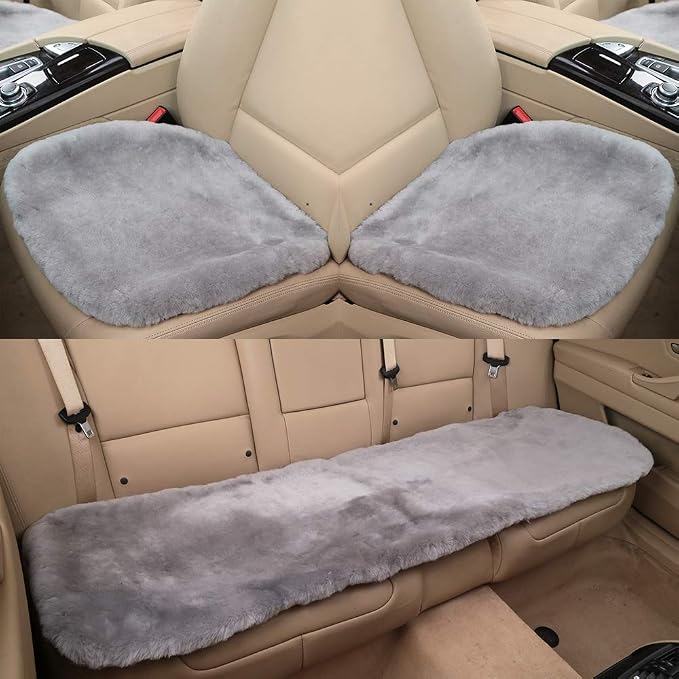 OGLAND Fuzzy Genuine Sheepskin Car Rear Seat Cover for Kids Dogs Pets Auto Bench Back Cushion Interior Accessories with Soft Fluffy Wool Natural Fur, Misty Gray