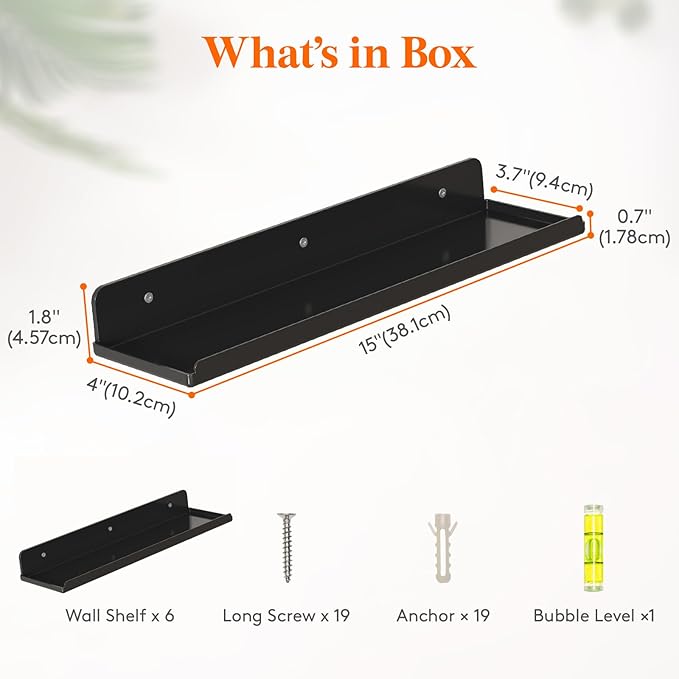 Lifewit Floating Shelves for Bathroom, 15" Acrylic Wall Organizer for Perfume, Makeup, Figures, Nail Polish, Photo, Book, Decor Display Rack for Nursery, Living Room, Bedroom, Kitchen, Black, 6 Pack