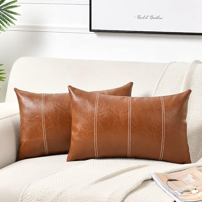 Fancy Homi Brown Boho Lumbar Faux Leather Decorative Throw Pillow Covers 16x24 Inch for Living Room Couch Bed Sofa, Hand Stitched Rectangle Cushion Case 40x60 cm, Rustic Modern Farmhouse Home Decor