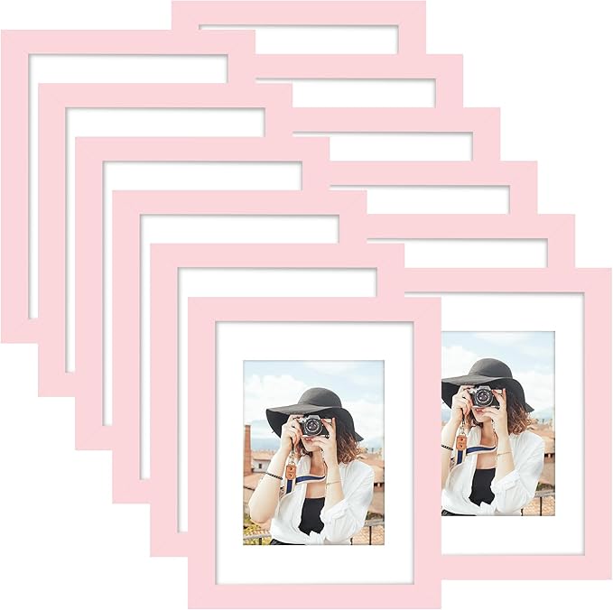 Picrit 8x12 Picture Frame Set of 12, Display 6x8 with Mat or 8x12 without Mat, Photo Frames for Wall Mounting or Table Top Display, Pink