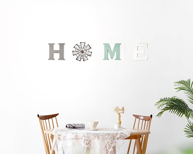 Mkono Farmhouse Wall Decor Wooden Home Sign with Metal Windmill for O Rustic Hanging Letters Decorative Wall Art Decor Signs for Living Room Kitchen Bedroom Entryway House