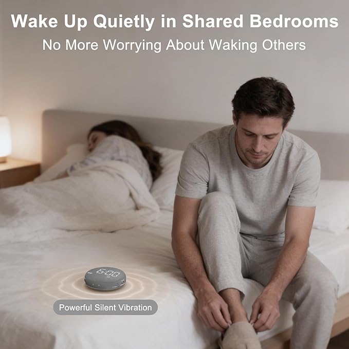 SolaceRise Super Loud Alarm Clock for Heavy Sleepers: Vibrating Digital Auto-Dim Clock with Bed Shaker for Hearing Impaired - Portable Rechargeable Battery for Bedroom Travel Dorm - Gray