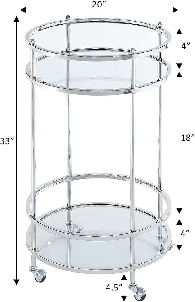 Convenience Concepts Royal Crest Bar Cart With Wheels, Clear Glass / Chrome Frame