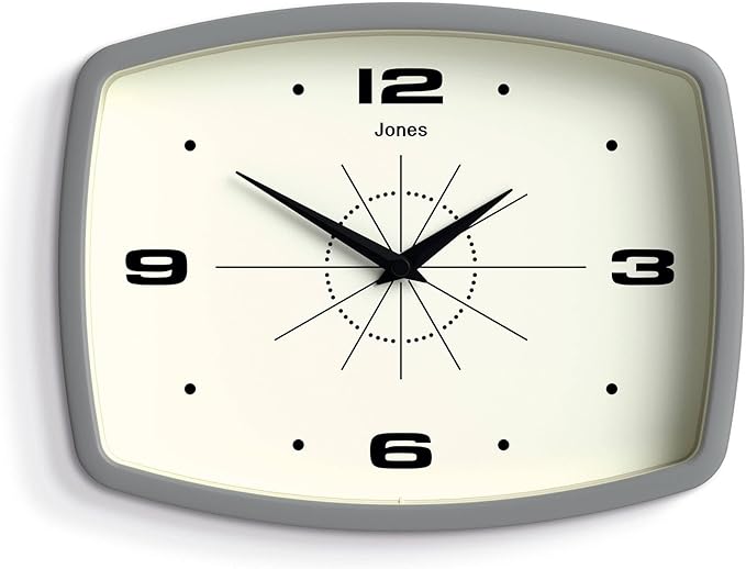 JONES CLOCKS® Movie wall Clock | Retro Rectangular Clock | 10 inch | Gray | Cool mid-Century Designer Look for Kitchen, Living Room or Office