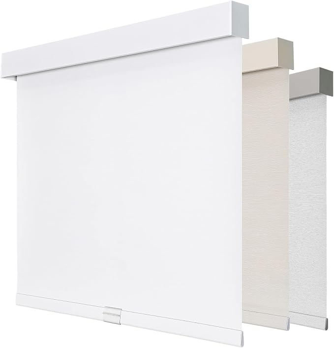 Joydeco 100% Blackout Roller Shades (Pro), Free-Stop Cordless Blinds for Windows, UV Protection, Natural Woven Blinds for Home and Office, Light-Proof Aluminum Cover (White, Custom Size)