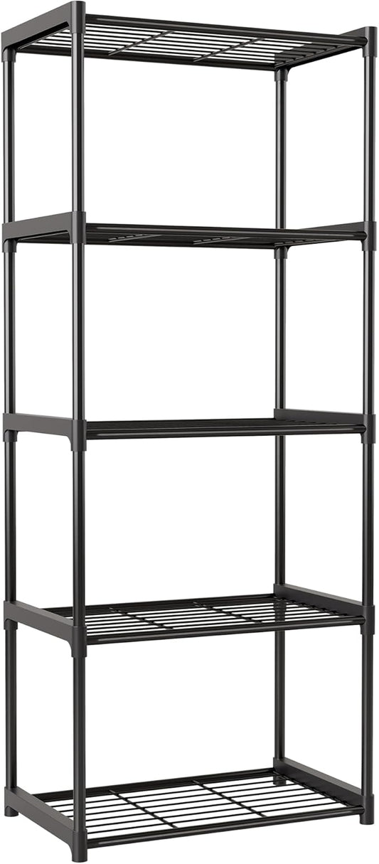 5-Tier Storage Shelves with Plastic Connectors – Metal Shelf Organizer for Pantry, Closet & Bathroom, Space-Saving Sturdy Shelving Unit Rack, Black, 17.3" x 12.8" x 56.7"