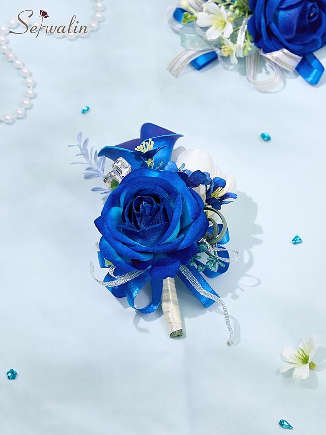 Serwalin Blue Prom Corsage and Boutonniere Set, Artificial Calla Lily & Rose Wrist Corsage Wristlet for Homecoming, Formal Dance, Wedding Flowers Accessories Party Suit Decorations