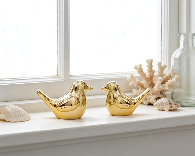 Small Gold Bird Statue Ceramic 2-Piece Set, 3¾ inch Cute Knick Knack for Home Office Shelf Desk Decor