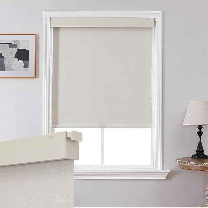 Joydeco No Drill Blackout Shades, Free-Stop Cordless Roller Shades, UV Protection, Thermal Insulated Blinds for Indoor Windows, Easy Install Window Blinds for Home and Office (Beige, 23" W x 75" H)